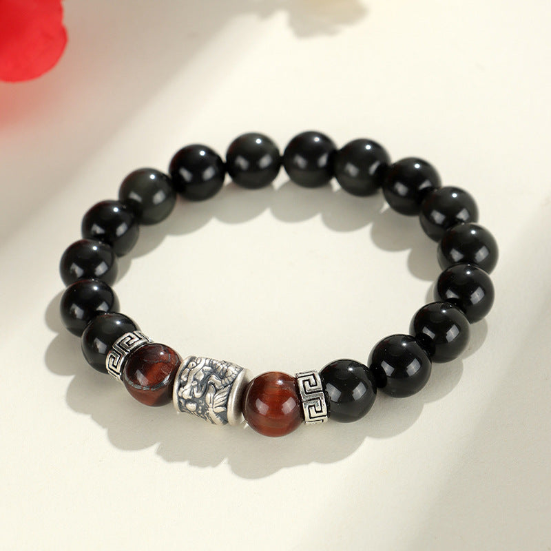 Silver Prayer Wheel Obsidian Bracelet