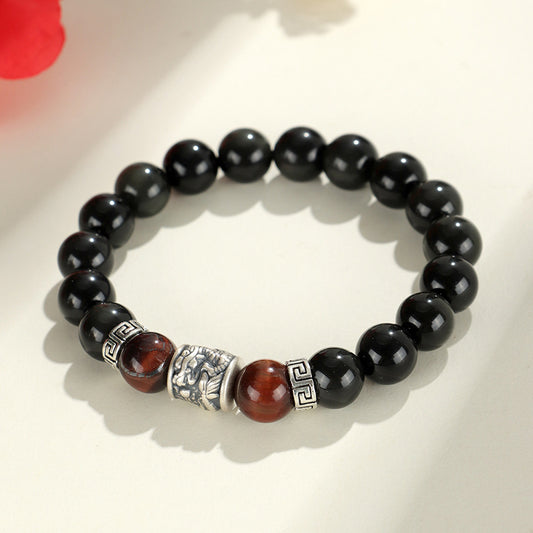 Silver Prayer Wheel Obsidian Bracelet