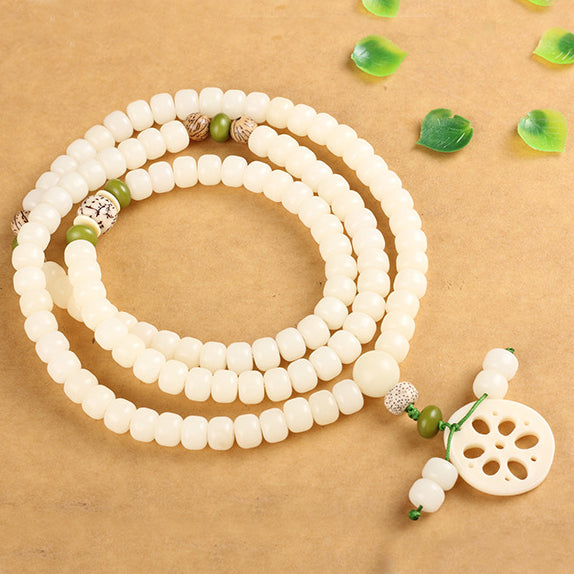White Bodhi Seed Mala 108 Beads Luck Necklace Bracelet - Fortune & Karma